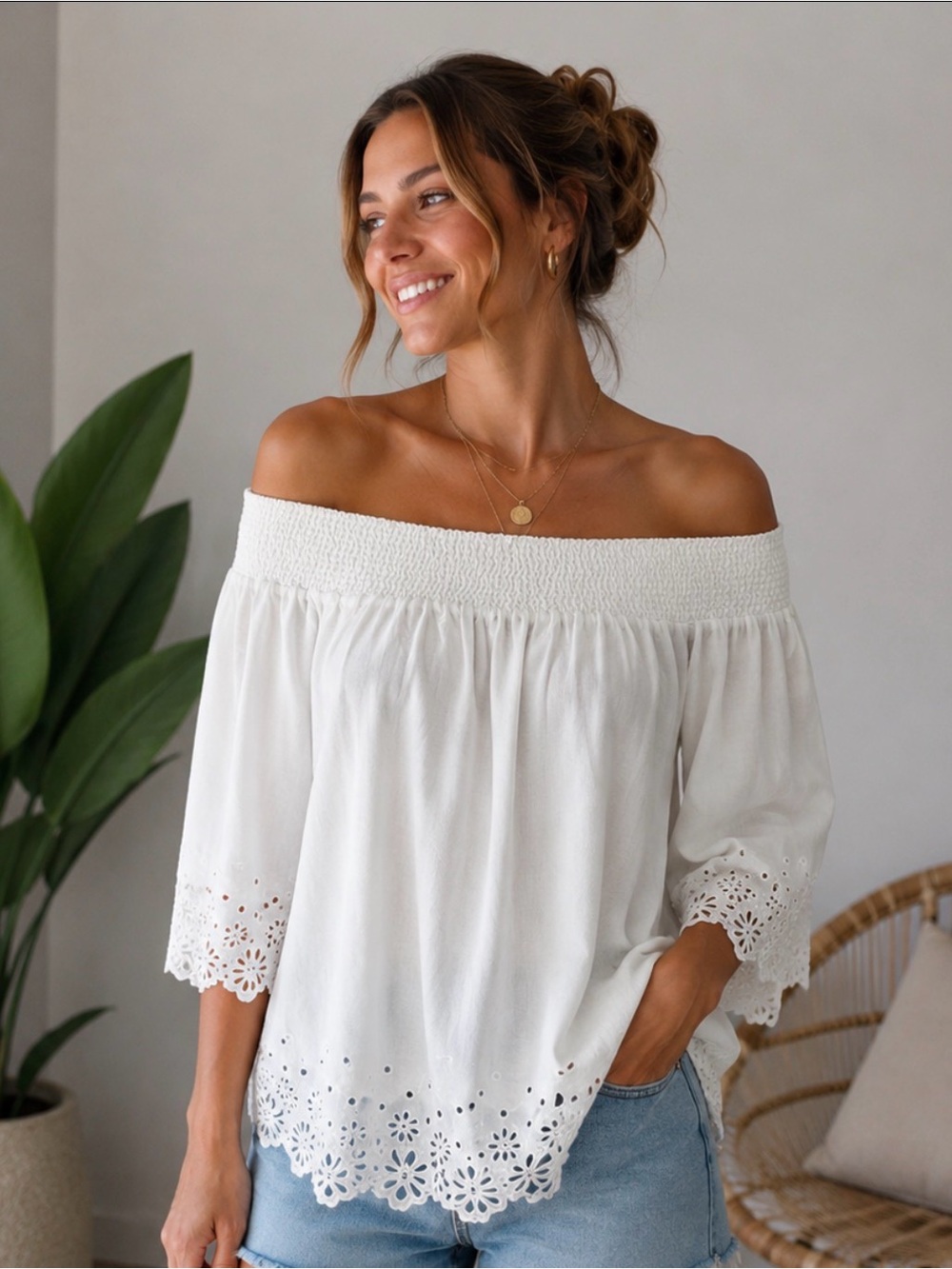 Daniel Cremieux White Off-Shoulder Eyelet Blouse